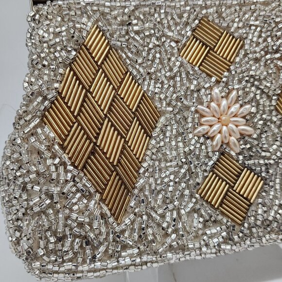 Vintage 1950's Silver Pearl Diamond Pattern Hand Beaded Evening Purse Clutch - Picture 2 of 12